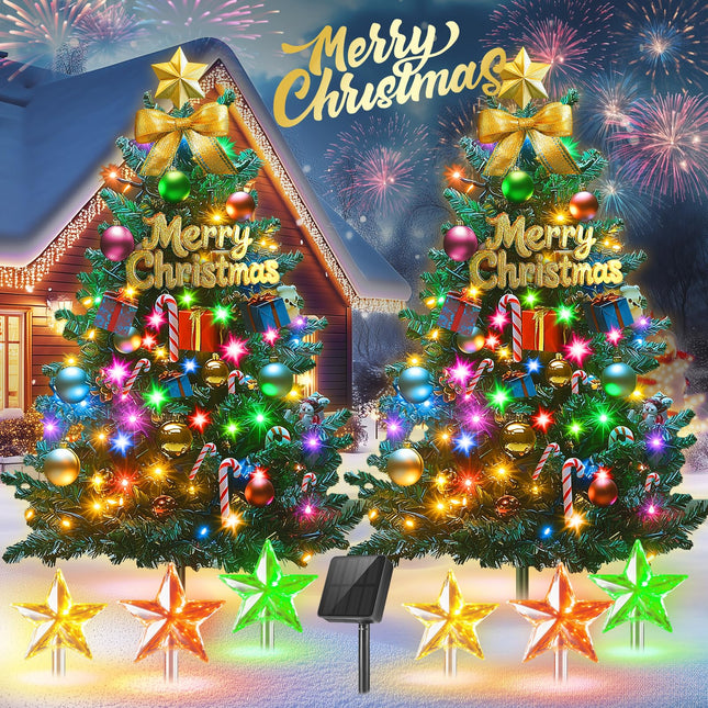 Outdoor Christmas Decorations: 2 Pack 30In Artificial Solar Christmas Tree Lights with 33 LED, 3 Star Stake Lights, 8 Modes Solar Christmas Lights Outdoor Waterproof for Yard, Pathway, Grave Decor
