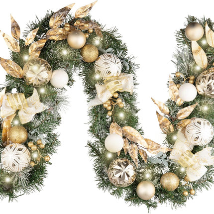 Valery Madelyn 6 feet Pre-Lit Christmas Garland with Lights for Mantle, Lighted Battery Operated Xmas Garland with White Gold Balls for Front Door Fireplace Table Centerpiece Outdoor Window Home Decor