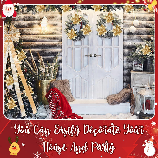 Christmas Tree Topper Bow Set Include 12 Pcs Artificial Poinsettia Flowers and Large Velvet Bow with Long Streamers Sun Flower Shape Bow for Xmas Indoor Party Decor(Champagne Gold)