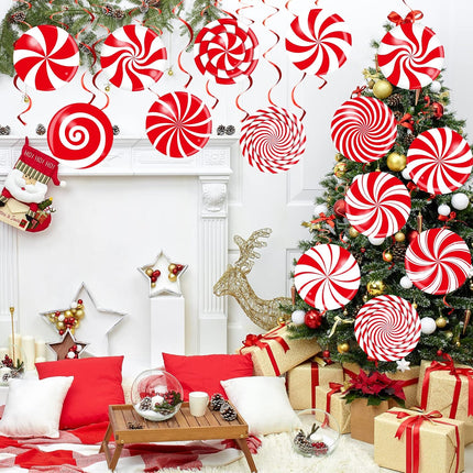 72 PCS Christmas Hanging Swirls Christmas Party Decorations Christmas Candy Hanging Swirl Garland Red Candy Cutouts for Christmas Party School Classroom Home Ceiling Decoration supplies Favors