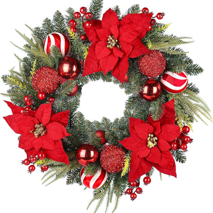 24 Inch Christmas Wreath, Artificial Christmas Wreath for Front Door, Decorated with Cypress Leaves, Christmas Flowers, Red Berries, Atmosphere Balls, Suitable for Indoor and Outdoor