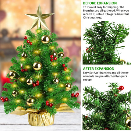 20" Mini Christmas Tree, Artificial Prelit Small Christmas Tree, Tabletop Christmas Tree Decorations with Warm Lights, Treetop Star, Gold Ornaments, Red Berries and Cloth Bag Base