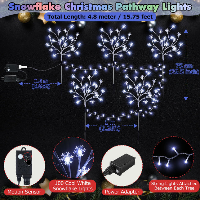Enhon 5 Pack Snowflake Christmas Pathway Lights, 180 LED Garden Stake Lights with Christmas Theme Music, Waterproof Xmas Decoration Tree Light for Outdoor Yard Patio Lawn Decor (Cool White)