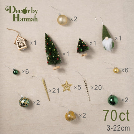 DecorbyHannah 70ct Christmas Ornaments Set, Shatterproof Decorative Green Gold Christmas Tree Decorations with Small Xmas Tree, Gnome and Wooden Lighted Bird House for Home Party Halloween Decor