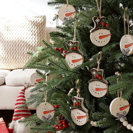 Christmas Decorations Indoor Decor: 12 Pack Rustic Wood Christmas Tree Decorations, Cute Farmhouse Snowman Hanging Ornaments with Plaid Bows Pine Branches for Home Office Fireplaces Garland