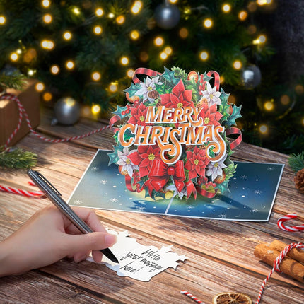 Christmas Wreath Pop Up Card, Merry Christmas, Poinsettia, Flowers, Bow, Bell, Elegant 3D Greeting Card, Ideal for Mom, Sister, Grandma, Women, Wife, Girlfriend, 5x7