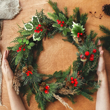 Red Berry Stems Pine Branches Artificial Christmas Picks Floral Pine Cones Faux Stems Spray Christmas Tree Picks Artificial Pine Branches(Vivid,48 Pcs)