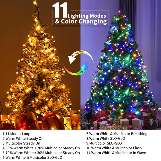Brizled Christmas Lights, 66ft 200 LED Color Changing String Lights, Warm White & Colored Christmas Lights, Dimmable Berry String Lights, Connectable Remote Globe Lights String for Xmas Tree Party