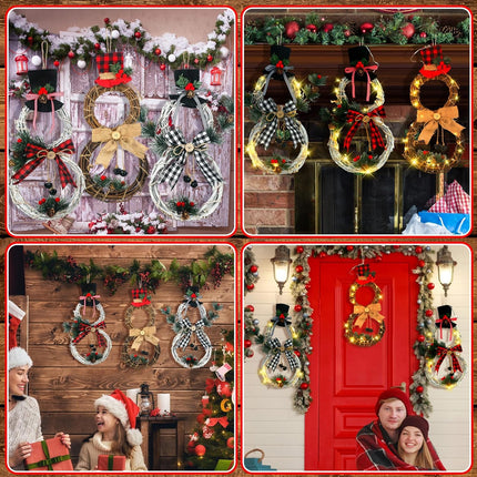 3 Pcs Lighted Christmas Wreath Decoration Grapevine Wreath with Hat Bow Holding Sign Red Berries Pine Cone Vine for Xmas Front Door Home Garden Wall Decor, Batteries Not Included (Snowman)