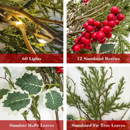 3 PCS Lighted Christmas Evergreen Sprig Branches Tree, Handmade Design with Red Berries Holly Leaves and Pine Leaves, 60 Lights in Total, Timer, Battery Operated for Home Vase Indoor Outdoor