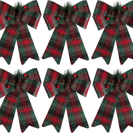 URATOT 6 Pack Christmas Wreaths Bows with Pinecones Needles Xmas Decorations Bows Natural Christmas Tree Bows for Holiday Decoration or DIY Crafts, 9 x 12 Inches