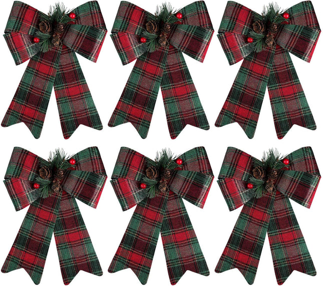 URATOT 6 Pack Christmas Wreaths Bows with Pinecones Needles Xmas Decorations Bows Natural Christmas Tree Bows for Holiday Decoration or DIY Crafts, 9 x 12 Inches