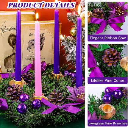 MCEAST 12 Inch Christmas Centerpiece Wreath Candle Holder with Purple Ribbon, Bowknots, Pine Cones for Home and Church Decoration
