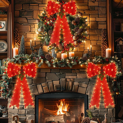 LED Red Bows Christmas Decorations, 16'' x 24'' Christmas Bows for Wreaths with Timer, Tree Topper Bow with Realistic Red Berries Pine Cone Needles for Christmas, Party, Home Decoration