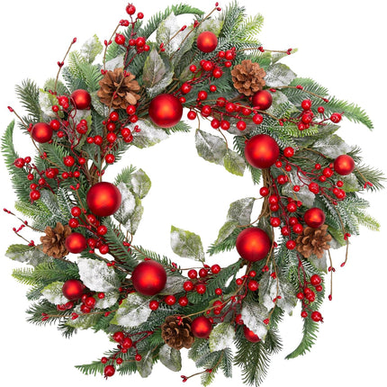 VGIA 20 Inch Christmas Wreath for Front Door Artificial Winter Wreath for Christmas Decor Xmas Wreath with Christmas Balls Pine Needles Pine Cone for Wall Window Holiday Decorations