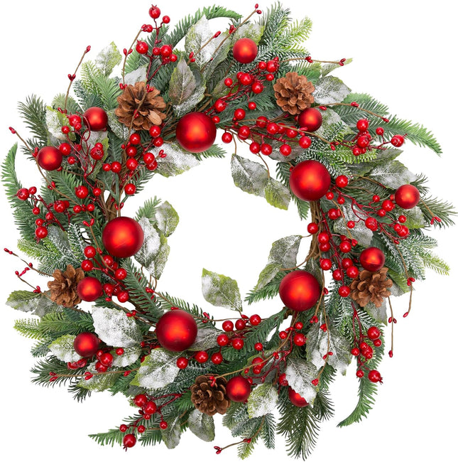VGIA 20 Inch Christmas Wreath for Front Door Artificial Winter Wreath for Christmas Decor Xmas Wreath with Christmas Balls Pine Needles Pine Cone for Wall Window Holiday Decorations