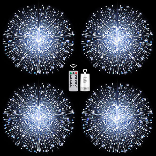 Bursting Star String Lights Christmas Lights, 225 LED 8 Modes Dimmable with Remote Control, Waterproof Copper Wire Decorative Hanging Star Lights for Party Patio Garden Decoration (White, 4PC)
