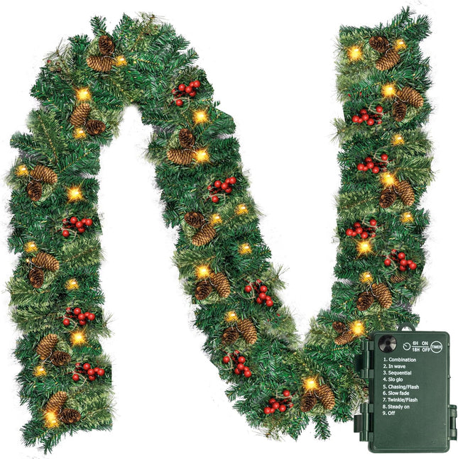 Dazzle Bright 9 FT Artificial Christmas Garland Prelit with 50 LED Lights, Pine Cones and Red Berries with 8 Modes Timer, Battery Powered for Front Door Home Office Christmas Decorations