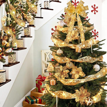 CandyHome 4 Pack Christmas Tree Decorations, Total 80 Ft 240 Led Gold Christmas Tree Ribbon Lights Battery Powered Double Layer Ribbon Bows for Home Party Holiday Year Wreath Christmas Tree Decor