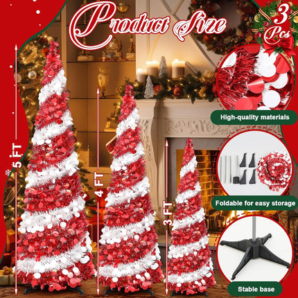 Leyndo 3 Pcs 3, 4, 5 Ft Collapsible Artificial Christmas Tree Pencil Pop up Christmas Tree Tinsel Skinny Red and White Sequined Christmas Tree for Home Fireplace Decoration