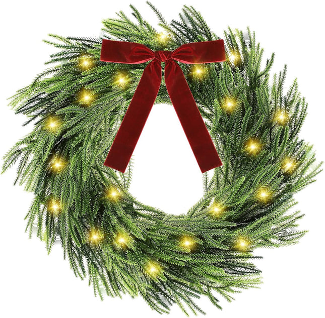Christmas Norfolk Pine Wreath for Front Door Christmas Artificial Wreath with Red Ribbon and Lights Christmas Sign Door Hanger Decorations Indoor Outdoor Home Holiday Christmas Xmas Party Supplies