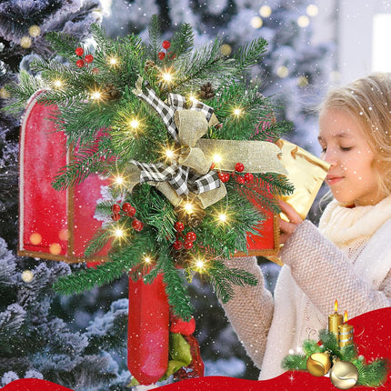 Liliful 55 Inch Christmas Mailbox Swag Accented with Black and White Checkered Bow Lights Berry Clusters Pine Cones, Christmas Lighted Mailbox Swag for Xmas Mailbox Mantelpiece Indoor Outdoor Decor