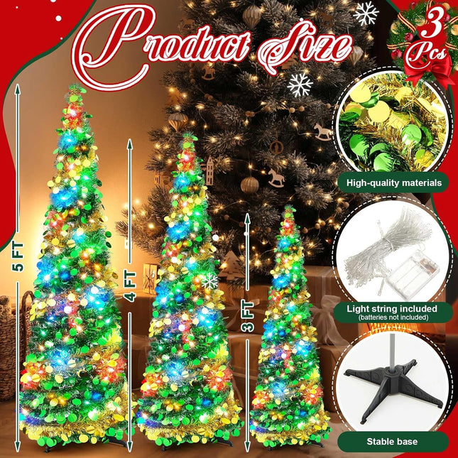 Leyndo 3 Pcs Pop up Christmas Tree with LED Light 3, 4, 5 ft Pre Lit Artificial Collapsible Christmas Tree Green and Gold Pencil Sequin Tinsel Skinny Xmas Tree for Indoor Home Fireplace Decoration