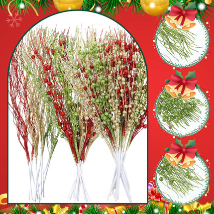 Libima 36 Pcs Christmas Tree Picks Artificial Glitter Berry Stem Ornaments 15.7 Inch Bead Sticks Pick Decorations Glittery Twigs for Xmas Tree Topper Wreath Vase Filler Home Decor (Red Green and Gold)