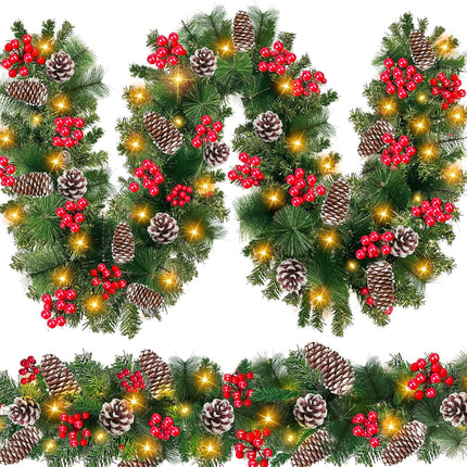 [ 2 Pack & Timer ] 9 Ft by 10'' Prelit Christmas Garland Decorations 100 LED Lights 8 Modes Battery Operated 300 Thick Tips 198 Red Berries 18 Pine Cones Xmas Garland Decor Indoor Outdoor Home Mantle