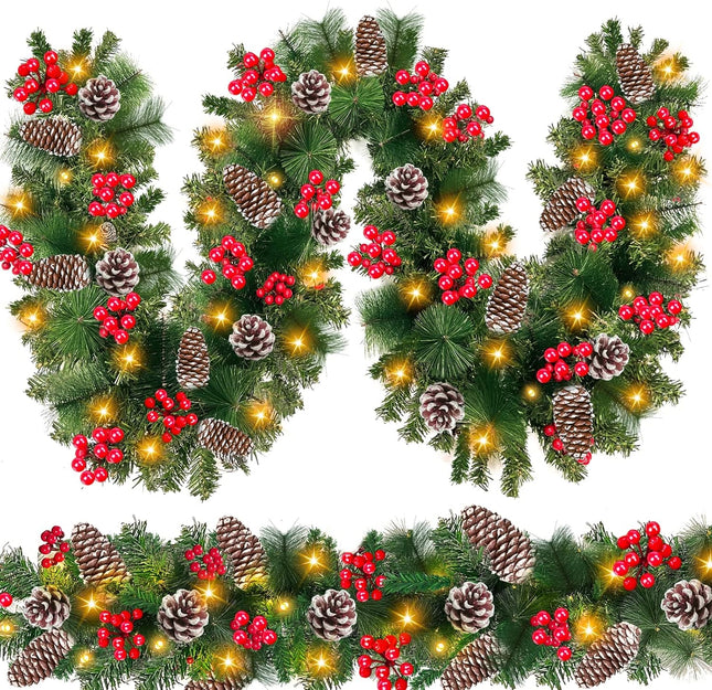 [ 2 Pack & Timer ] 9 Ft by 10'' Prelit Christmas Garland Decorations 100 LED Lights 8 Modes Battery Operated 300 Thick Tips 198 Red Berries 18 Pine Cones Xmas Garland Decor Indoor Outdoor Home Mantle