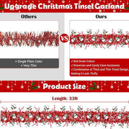 33 Ft Christmas Tinsel Garland Christmas Decorations with Snowman Candy Cane Red Metallic Christmas Garlands for Christmas Tree Decor Indoor Outdoor Christmas Party Decorations Home Mantle Fireplace
