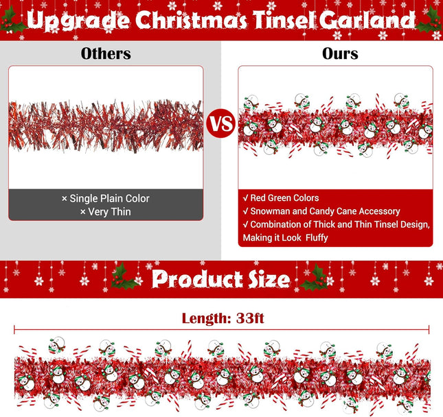 33 Ft Christmas Tinsel Garland Christmas Decorations with Snowman Candy Cane Red Metallic Christmas Garlands for Christmas Tree Decor Indoor Outdoor Christmas Party Decorations Home Mantle Fireplace