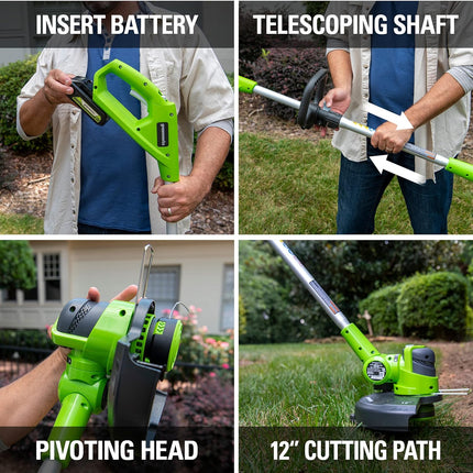 Greenworks 24V 12-Inch Cordless String Trimmer, 2.0 AH Battery Included, ST24B210
