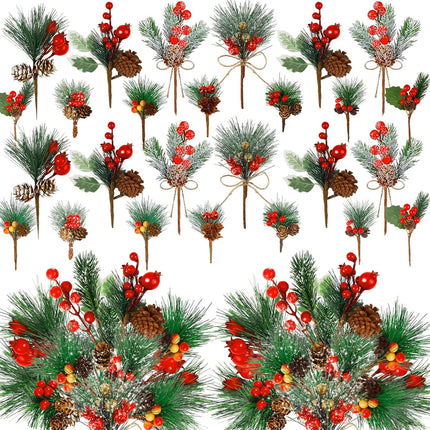50Pack Christmas Picks Artificial Assorted Red Berry Stems Christmas Tree Picks and Faux Sprays Pine Picks with Evergreen Holly Sprigs for Winter Crafts Wreath Supplies Christmas Tree Decoration