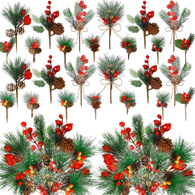 50Pack Christmas Picks Artificial Assorted Red Berry Stems Christmas Tree Picks and Faux Sprays Pine Picks with Evergreen Holly Sprigs for Winter Crafts Wreath Supplies Christmas Tree Decoration