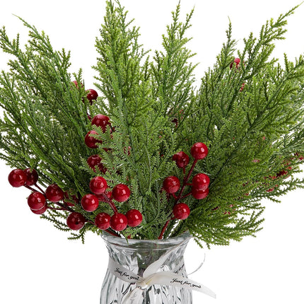 60 Pcs/Set Christmas 3D Artificial Pine Branches- 12.5 Inch Faux Evergreen Cedar Sprigs Branches- Fake Foliage Pine Needles Picks with Artificial Red Berry Stems for DIY Christmas Decoration