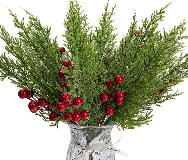 60 Pcs/Set Christmas 3D Artificial Pine Branches- 12.5 Inch Faux Evergreen Cedar Sprigs Branches- Fake Foliage Pine Needles Picks with Artificial Red Berry Stems for DIY Christmas Decoration