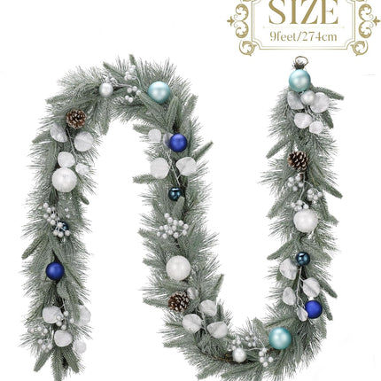 Valery Madelyn 9 feet Pre-Lit Christmas Garland with Light for Mantle, Lighted Battery Operated Xmas Garland with Silver Blue Ball for Front Door Fireplace Table Centerpiece Outdoor Window Home Decor