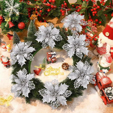 Waipfaru 12 Pcs Poinsettias Artificial Christmas Flowers, Silver Christmas Tree Decorations, White Glitter Christmas Ornaments for Xmas Wreath Garland Winter Wedding Decor
