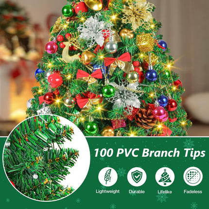 2FT Mini Christmas Tree, Artificial Tabletop Christmas Tree with 60 LED Lights, Prelit Small Christmas Tree, 100 Branch Tips, 80 Ornaments, Indoor Christmas Table Decor for Home Party