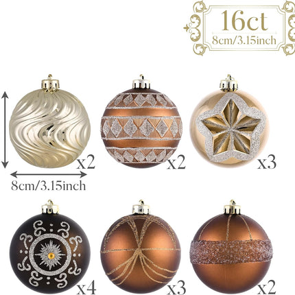 Valery Madelyn Ornaments for Christmas Tree Decorations, 16ct Bronze Copper and Gold Shatterproof Fall Christmas Tree Ornaments Set, 3.15 Inches Luxury Brown Hanging Ball Decor Bulk for Xmas