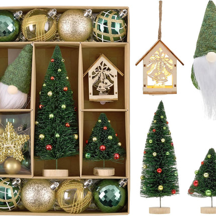 DecorbyHannah 70ct Christmas Ornaments Set, Shatterproof Decorative Green Gold Christmas Tree Decorations with Small Xmas Tree, Gnome and Wooden Lighted Bird House for Home Party Halloween Decor