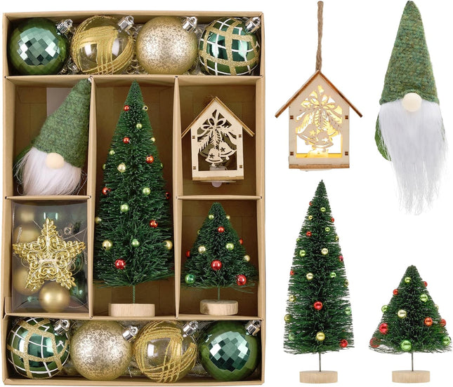 DecorbyHannah 70ct Christmas Ornaments Set, Shatterproof Decorative Green Gold Christmas Tree Decorations with Small Xmas Tree, Gnome and Wooden Lighted Bird House for Home Party Halloween Decor