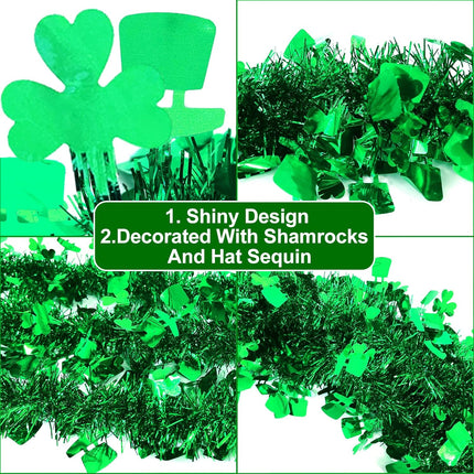 TURNMEON 3 Pack Total 49.2 Ft St.Patrick's Day Tinsel Garlands Decorations DIY Shamrocks Wreath for Front Door Irish Leprechaun Hat St.Patrick's Day Decorations Outdoor Indoor Home,16.4Ft by 4.3" Each