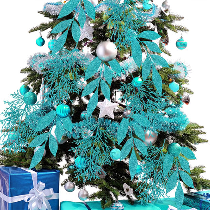Winlyn 30 Pcs Christmas Teal Blue Glittered Artificial Leaf Sprays Cedar Picks Christmas Tree Ornaments Winter Floral Stems for Teal Blue Christmas Tree Wreath Centerpiece Holiday Wedding Decorations