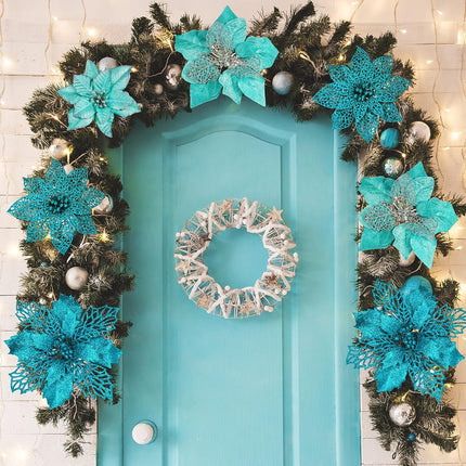 Winlyn 24 Pcs 4 Styles Christmas Teal Blue Metallic Mesh Glitter Artificial Poinsettia Flower Stems Tree Ornaments in Box for Teal Blue Christmas Tree Wreaths Garland Winter Wedding Holiday Decoration
