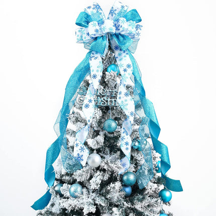 MEEDEE Blue Christmas Tree Topper 12" Wide Glitter Christmas Bows Snowflake Ribbon Bow Blue Tree Topper Blue Bows for Christmas Tree Decorations (1 Pack)