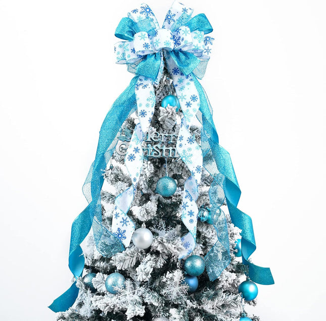 MEEDEE Blue Christmas Tree Topper 12" Wide Glitter Christmas Bows Snowflake Ribbon Bow Blue Tree Topper Blue Bows for Christmas Tree Decorations (1 Pack)