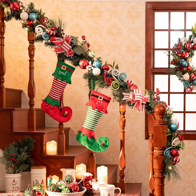 Valery Madelyn 6 feet Pre-Lit Christmas Garland with Lights for Mantle, Lighted Battery Operated Elf Xmas Garland with Red Green Balls for Front Door Fireplace Table Centerpiece Outdoor Home Decor