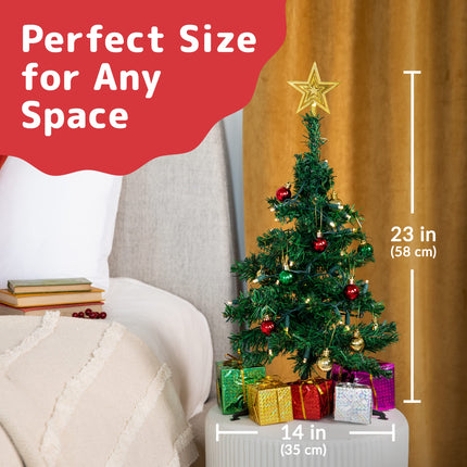 Prextex 23 Inch Tabletop Mini Christmas Tree Set with Warm-White LED Lights, Star Topper, Boxes and Ornaments - Small Christmas Tree for Desk or Table - Easy Setup Christmas Decorations